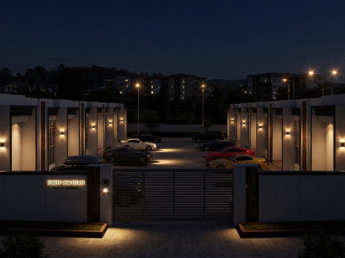 After dark. The wall washers at each entrance carry the whole scheme.